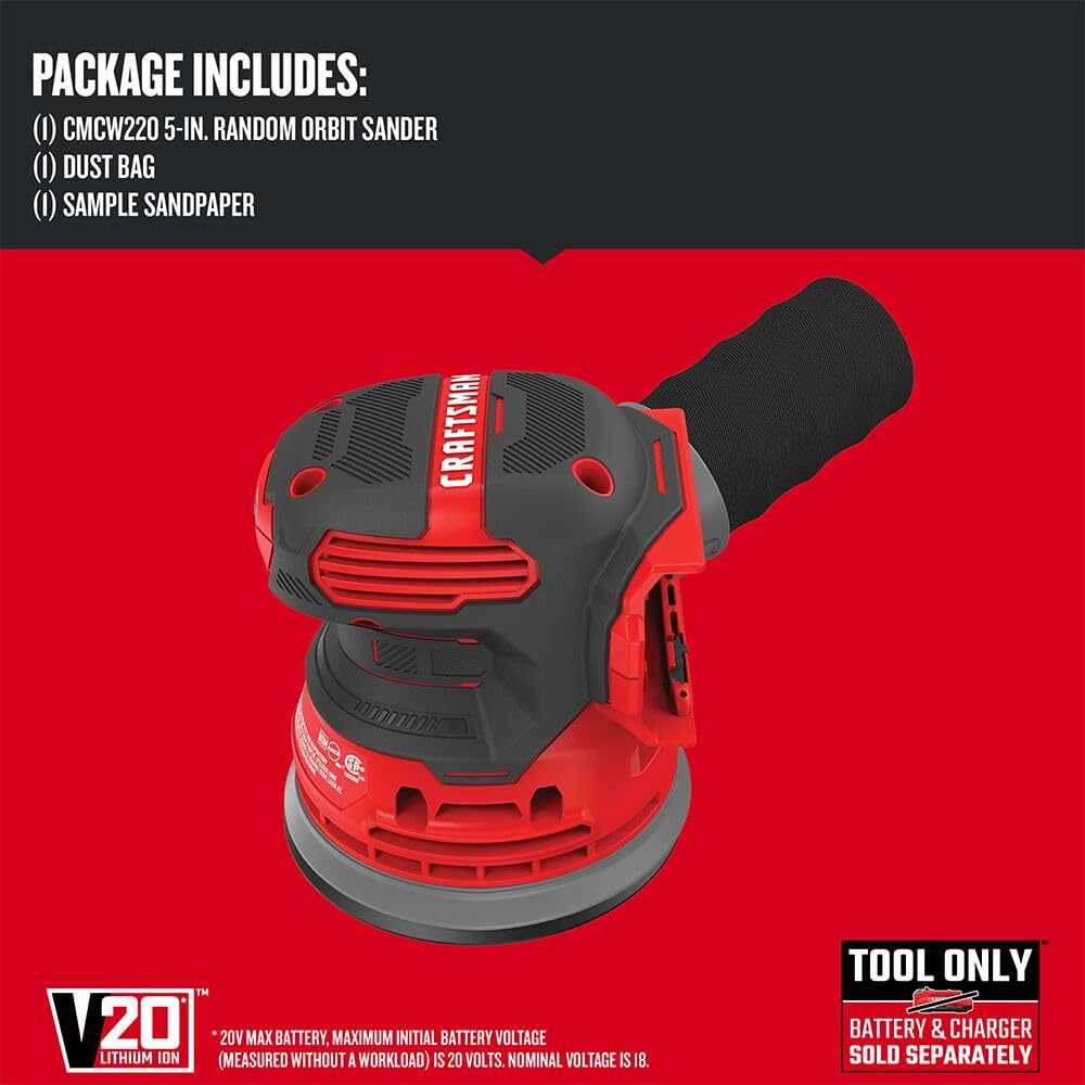 CRAFTSMAN V20 Orbital Sander, Cordless, 12,000 OPM, Bare Tool Only (CMCW220B) Craftsman