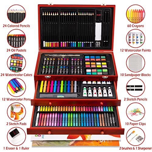 Art Supplies, 185 Piece Deluxe Wooden Art Set, Professional Art Kit with 2 Sketch Books, Crayons, Oil Pastels, Colored Pencils, Watercolor Paints, POPYOLA