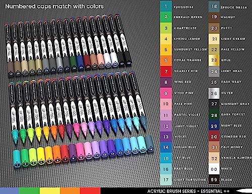 36 Flexible Brush Tip Acrylic Paint Pens Markers Set 1-7mm Line for Rock Painting, Brush Lettering, Scrapbooking, Glass, Mugs, Wood, Metal, Canvas, TOOLI-ART