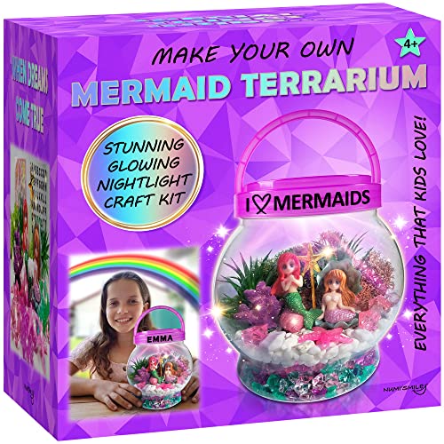 Make Your Own Light-Up Mermaid Terrarium Kit for Kids, Mermaid Gifts for Girls Ages 4 5 6 7 8 9 10 Years and up, DIY Mini Garden Nightlight Project, NUMI'SMILE