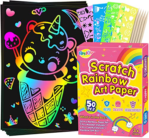 RMJOY Rainbow Scratch Paper Sets: 60pcs Magic Art Craft Scratch Off Papers Supplies Kits Pad for Age 3-12 Kids Girl Boy Teen Toy Game Gift for RMJOY