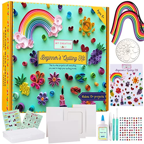 MY CREATIVE CAMP Beginner's Quilling Kit - DIY Craft Kit for Kids and Adults - 10 Projects with Instructions, Storage Box, Gem Stickers, Tools, MY CREATIVE CAMP