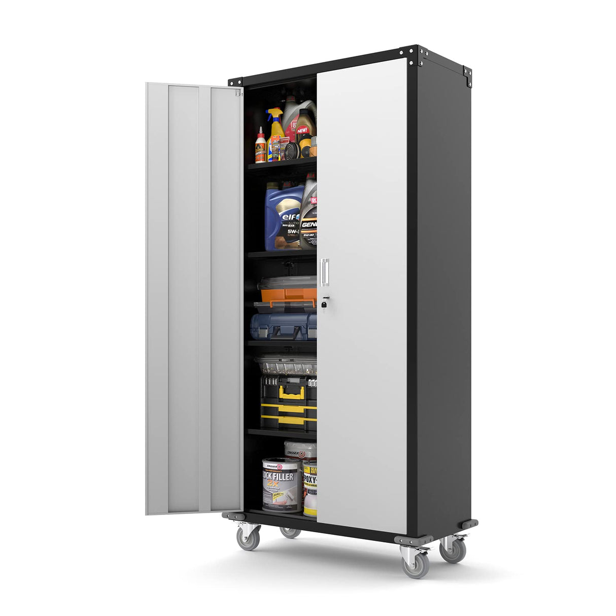 VINGLI 72'' Tall Garage Storage Cabinet, Metal Storage Cabinet with Wheels, Locking Doors and Adjustable Shelves (Black & Silver, 32''W x 16''D x VINGLI