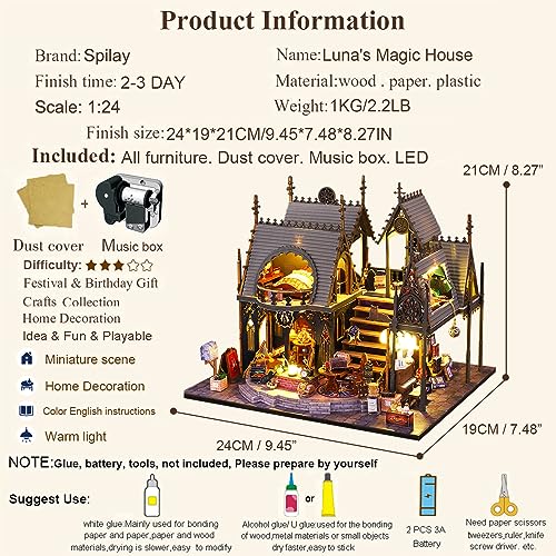 Spilay Dollhouse Miniature with Furniture,DIY Wooden Crafts Magic Doll House Mini Handmade Kit with Dust Proof Cover and Music Movement,1:24 Scale Spilay