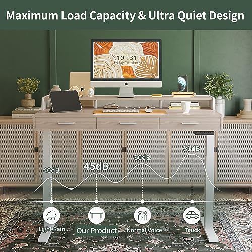 FEZIBO Electric Standing Desk with Drawers, 48x24 Inch Standing Desk Adjustable Height, Stand Up Desk with Monitor Shelf, Sit Stand Home Office Desk, FEZIBO
