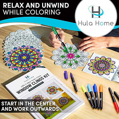 Hula Home Stained Glass Mandala Art Kit - DIY Window Clings with Markers, 10 Suncatchers - Perfect Hobby for Adults, Kids, Teens & Seniors - Ideal Hula Home