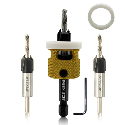 3 Pcs Countersink Drill Bit Set, HSS M2 Tapered Bits #10#12#14-1/8" 9/64" 5/32" Drill, 3/8” 82° Counter-Bore, 1/4” Hex Shank, with Adjustable Depth