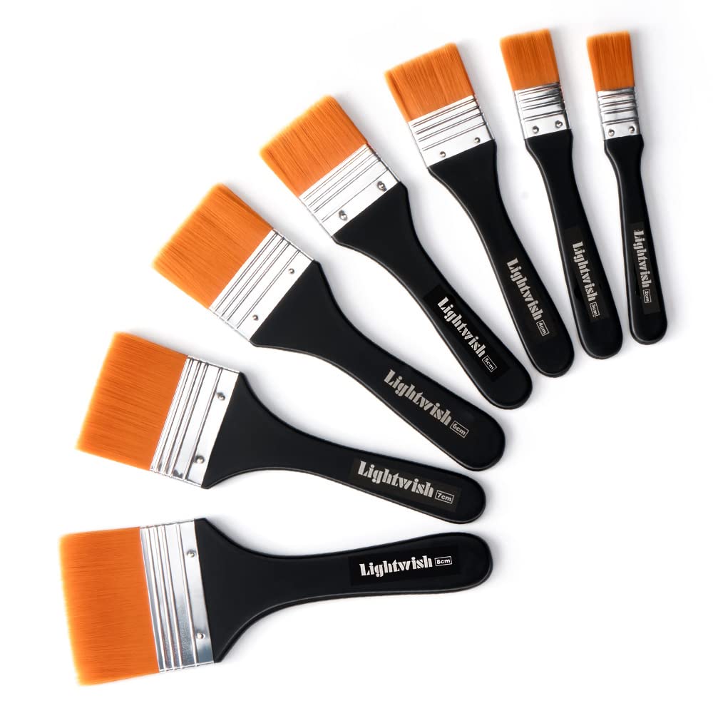 LIGHTWISH Set of 7 Flat Paint Brushes for Applying Gesso, Acrylic Paint, Oil Paint, Watercolor LIGHTWISH