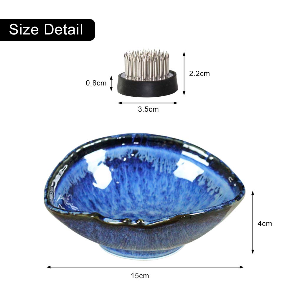 WANDIC Floral Arranging Vase, Blue Irregular Oval Shape Ceramic Ikebana Vases with 3.5cm Mini Round Flower Frog for Ikebana Floral Arrangement Art WANDIC