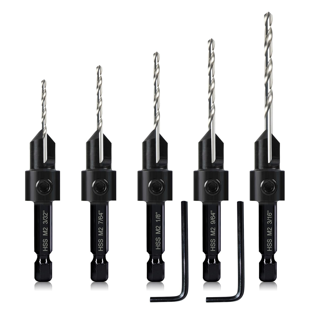 5-pc Countersink Tapered Drill Bit Set, 3in1 Woodworking Counterbore Hole Drill Bits for #6 8 10 12 16 Screws, Depth Adjustable M2 Pilot Drill Bits, - WoodArtSupply