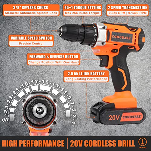 COMOWARE 20V Cordless Drill Set Combo Kit,120 Pcs Tool Kit for Home, Household Tool Sets for Men, Basic Tool Kit with Power Drill, Tool Set with COMOWARE