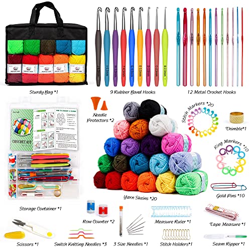 20 Large Acrylic Yarn Skeins-105 PCS Crochet Kit with Hooks Yarn Set, Premium Bundle Includes 2000 Yards Yarn Balls, Needles, Accessories, Ideal INSCRAFT