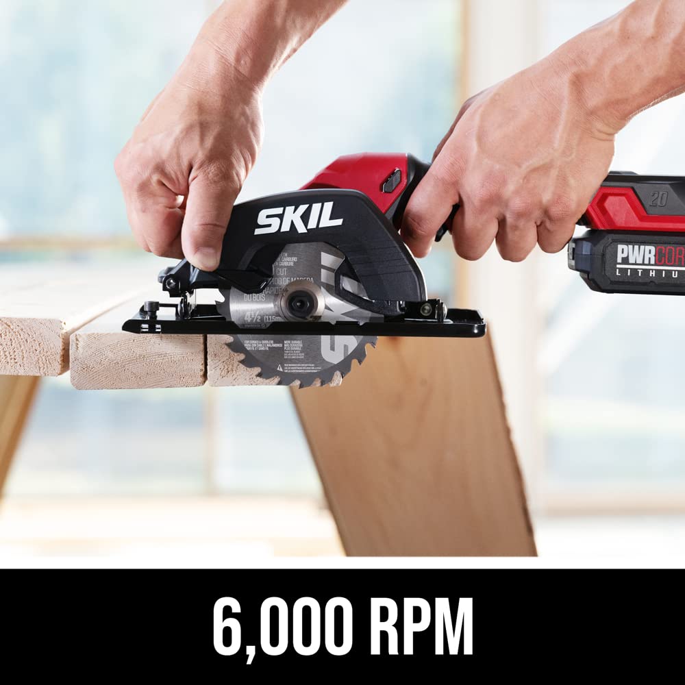SKIL PWRCORE 20 Brushless 20V 4-1/2 In. Compact Lightweight One-hand Circular Saw Kit with Up to 6,000 RPM Includes 2.0Ah PWR CORE 20 Lithium Battery Skil