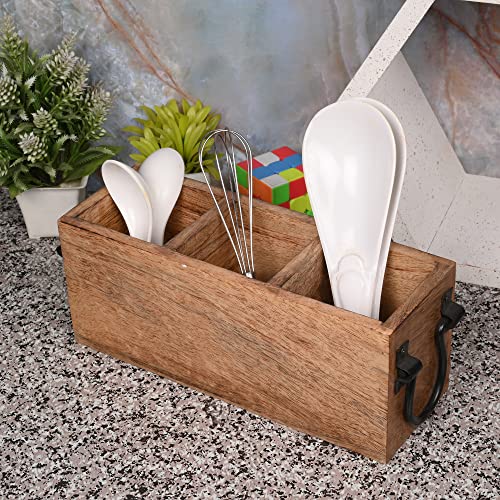 Samhita Mango Wood Cutlery Holder Caddy Organizer Wooden Utensils Storage Organizer Countertop for Silverware Fork Spoon Spatula 3 compartments (11" Samhita