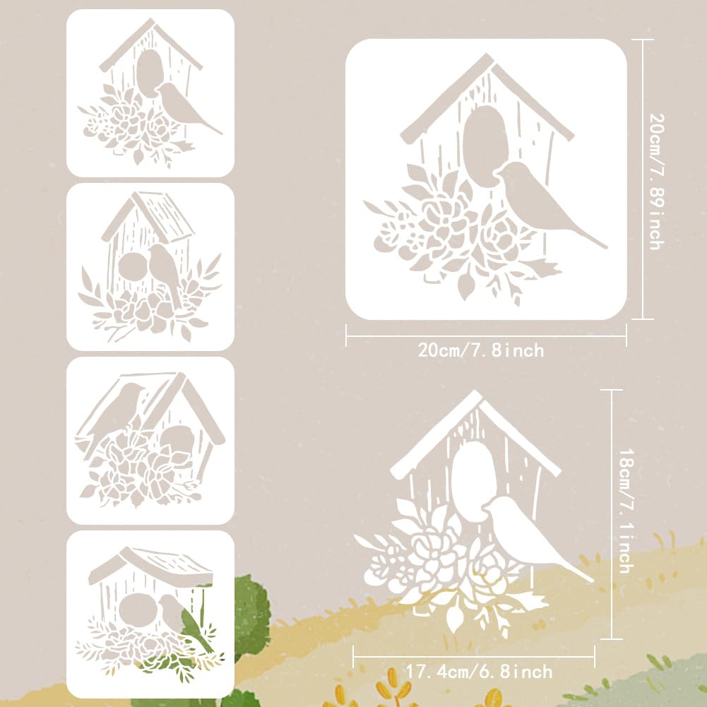 FINGERINSPIRE 4PCS Birdhouse Stencil for Painting 7.87x7.87inch Bird's House Painting Stencil Bird's Nest Drawing Stencil Spring Theme Craft Stencil FINGERINSPIRE