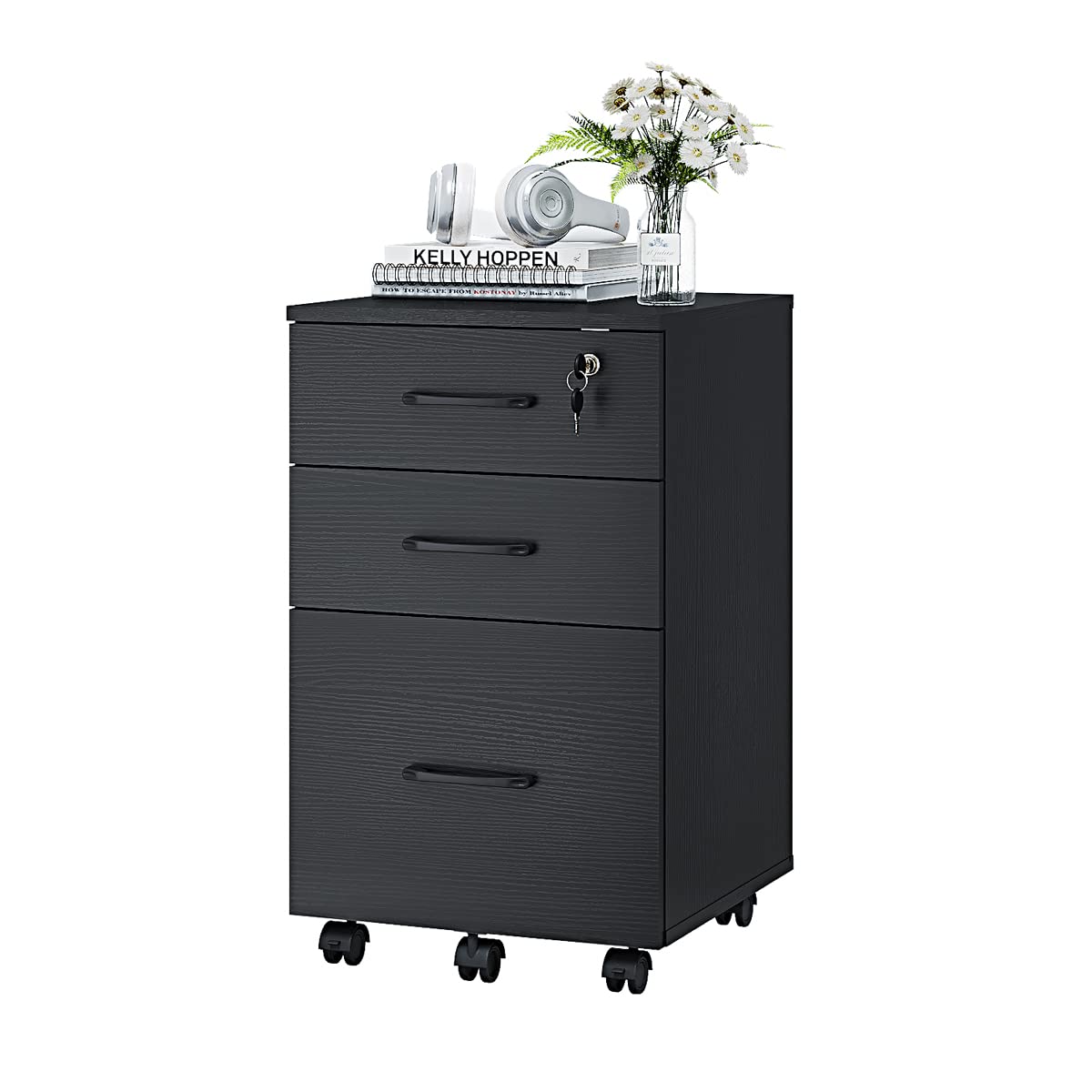 Panana 3 Drawer Wood Mobile File Cabinet, Under Desk Storage Drawers Small File Cabinet for Home Office (Black) Panana