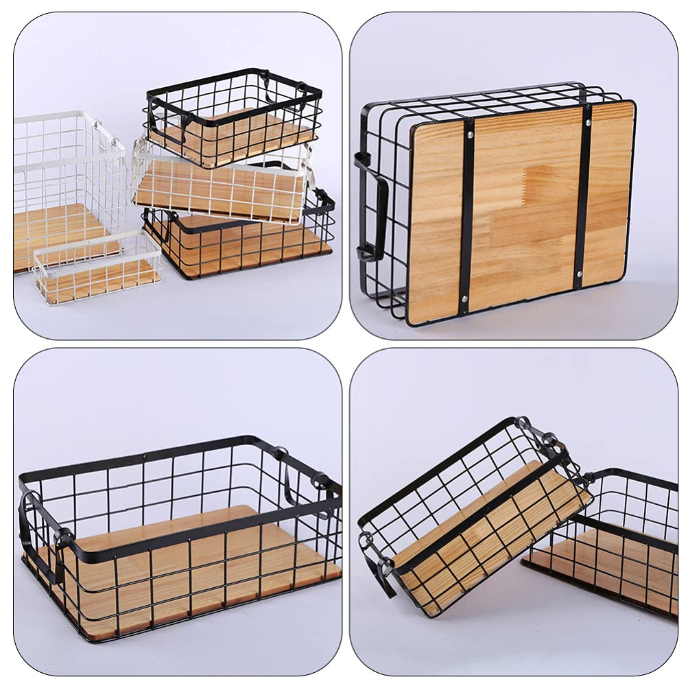 Small Metal Wire Storage Basket, Wood Base Storage Organizer Bin Basket for Kitchen Cabinets, Bathroom, Pantry, Garage, Laundry Room Cabilock