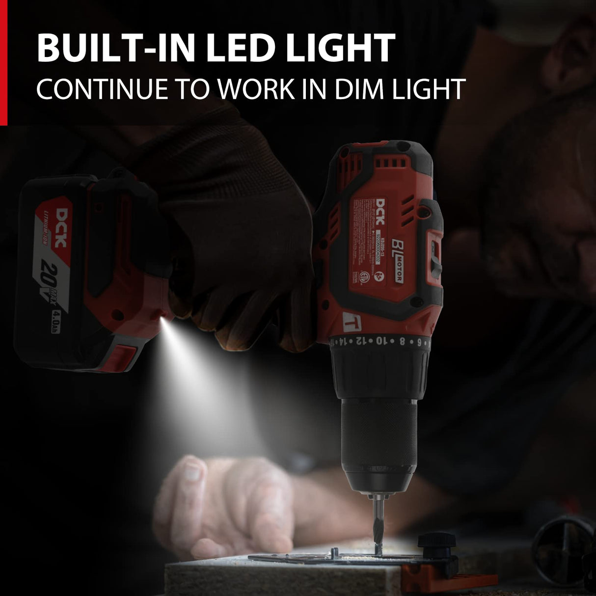 DCK Brushless Hammer Drill, 20V Max Hammer Drill Cordless, 531In-lb,36000 BPM,1/2" All-Metal Chuck, Variable Speeds, 22+1+1 Torque Setting, 4.0Ah DCK