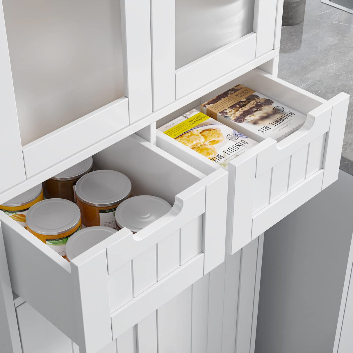 HORSTORS 67" Tall Storage Cabinet, Freestanding Pantry Cabinet with Glass Door and Shelves, Linen Bathroom Cabinet with 2 Drawers for Living Room, HORSTORS