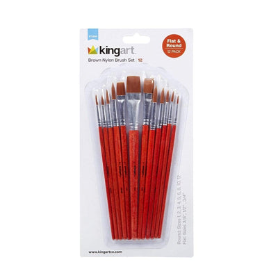 KINGART 222-12 All Purpose 12 Pc. Art, Craft & Hobby Brush Set, Assorted Sizes Round & Flat Paintbrushes, Synthetic Brown Nylon, Short Handle, Use