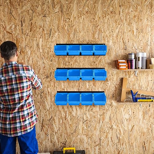 Ultrawall 12 PCS Bins & 3 Rails, Plastic Hanging Storage Organizer Bins, Wall mounted Garage Tool Storage Systerm, 12x bins(6.3inch X 3.2inch X Ultrawall
