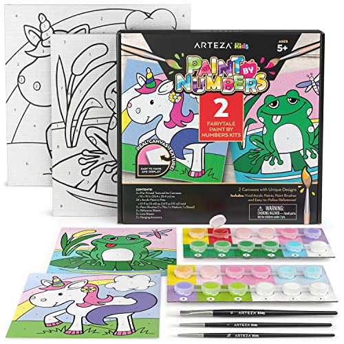 Arteza Kids Paint by Numbers Kit, 10" x 10", Pre-Printed Fairytale Canvas Painting Kit with 2 Canvases, 24 Acrylic Paint Pots, 3 Paintbrushes, Art ARTEZA