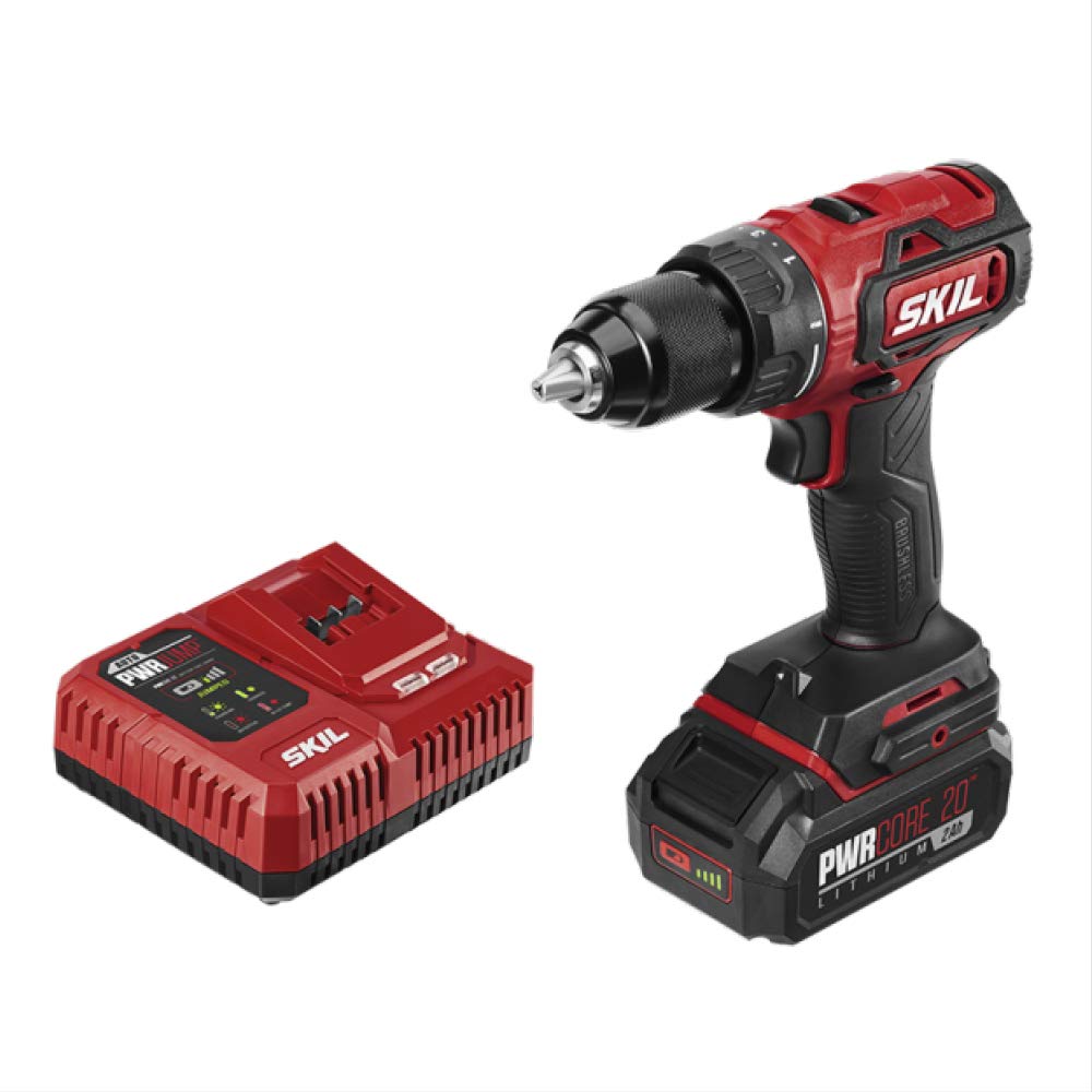 SKIL PWR CORE 20 Brushless 20V 1/2 Inch Drill Driver Includes 2.0Ah Lithium Battery and PWR JUMP Charger - DL529302 Skil
