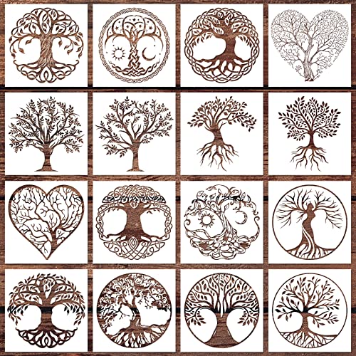 16Pcs 6 x 6 Inch Tree of Life Stencil, Reusable Stencils for Painting on Wood Decoration Painting Templates for Wall Floor DIY Decorations Christmas WSICSE