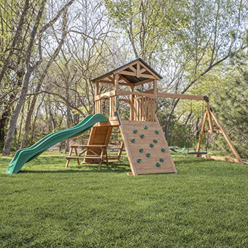 Backyard Discovery Endeavor II All Cedar Wood Swing Set Playset for Backyard with Wave Slide Climbing Wall with Rope Picnic Table Double Wide Rock Backyard Discovery