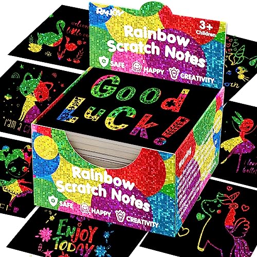 RMJOY Scratch Art Mini Notes: 160 Holographic Rainbow Scratch Paper Magic Craft Card DIY Kit Supplies Party Favor Gift Toy for Kid Art Craft Bulk Set RMJOY