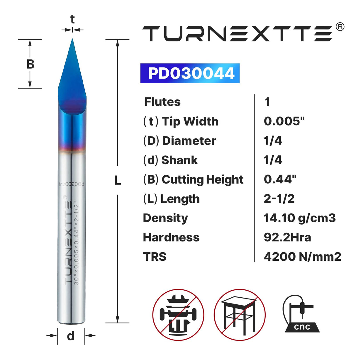 Turnextte 30 Degree V Groove Engraving Router Bit for CNC, Single Flute 0.005 inch Tip and 1/4 inch Shank Carving Bit with Nano Coated Carbide End Turnextte