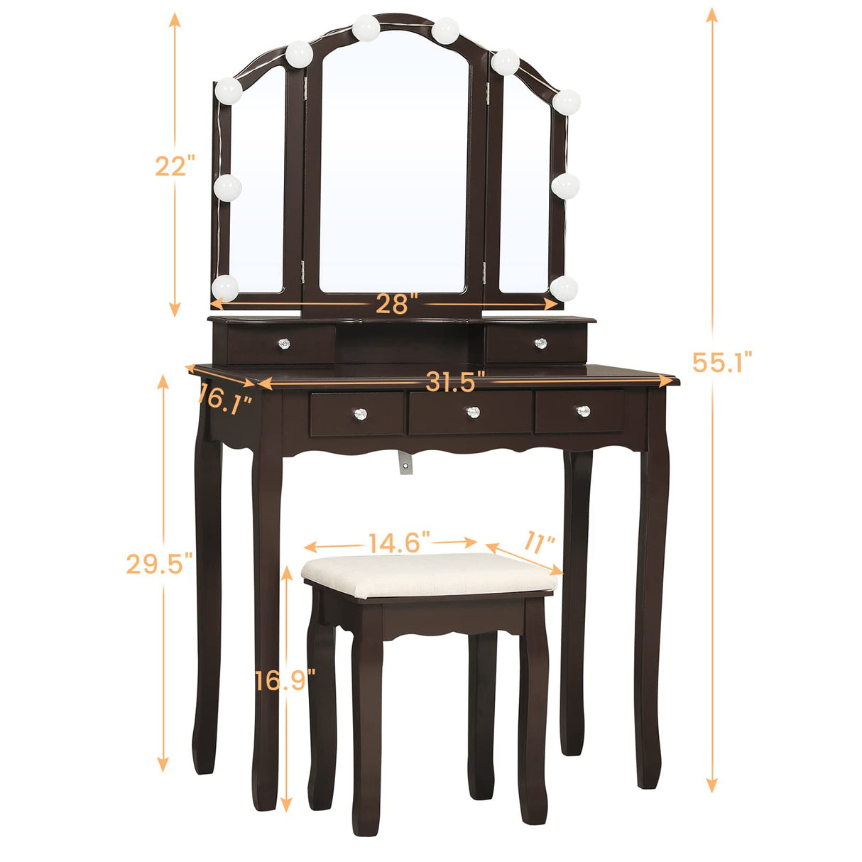 Tiptiper Vanity Desk, Makeup Vanity Set with Lighted Mirror and Stool, Dressing Table with 5 Drawers, 3 Light Settings & Adjustable Brightness, Tiptiper
