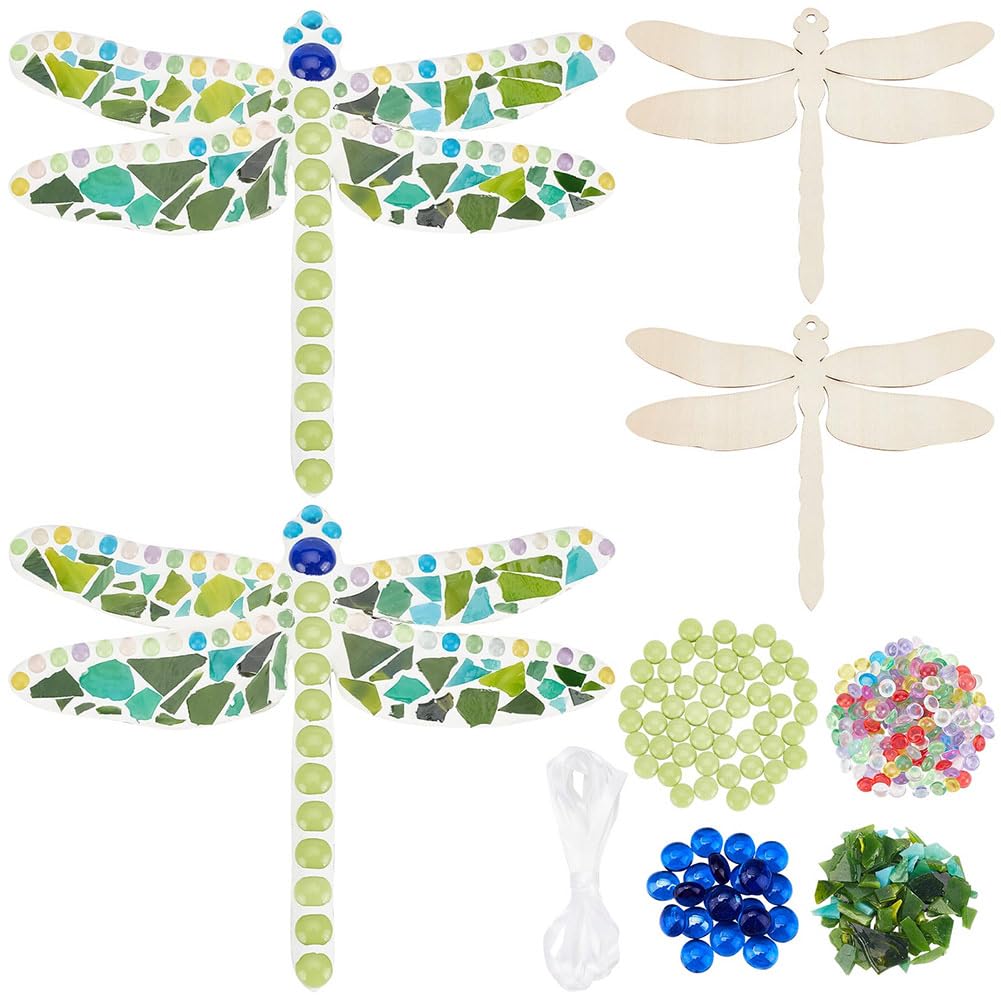 WEBEEDY Make 2 Dragonfly Glass Mosaic Kit Creativity DIY Mosaic Glass Kit for Kids Adults Include Glass Mosaic Tiles, Wooden Chips, Ribbon WEBEEDY