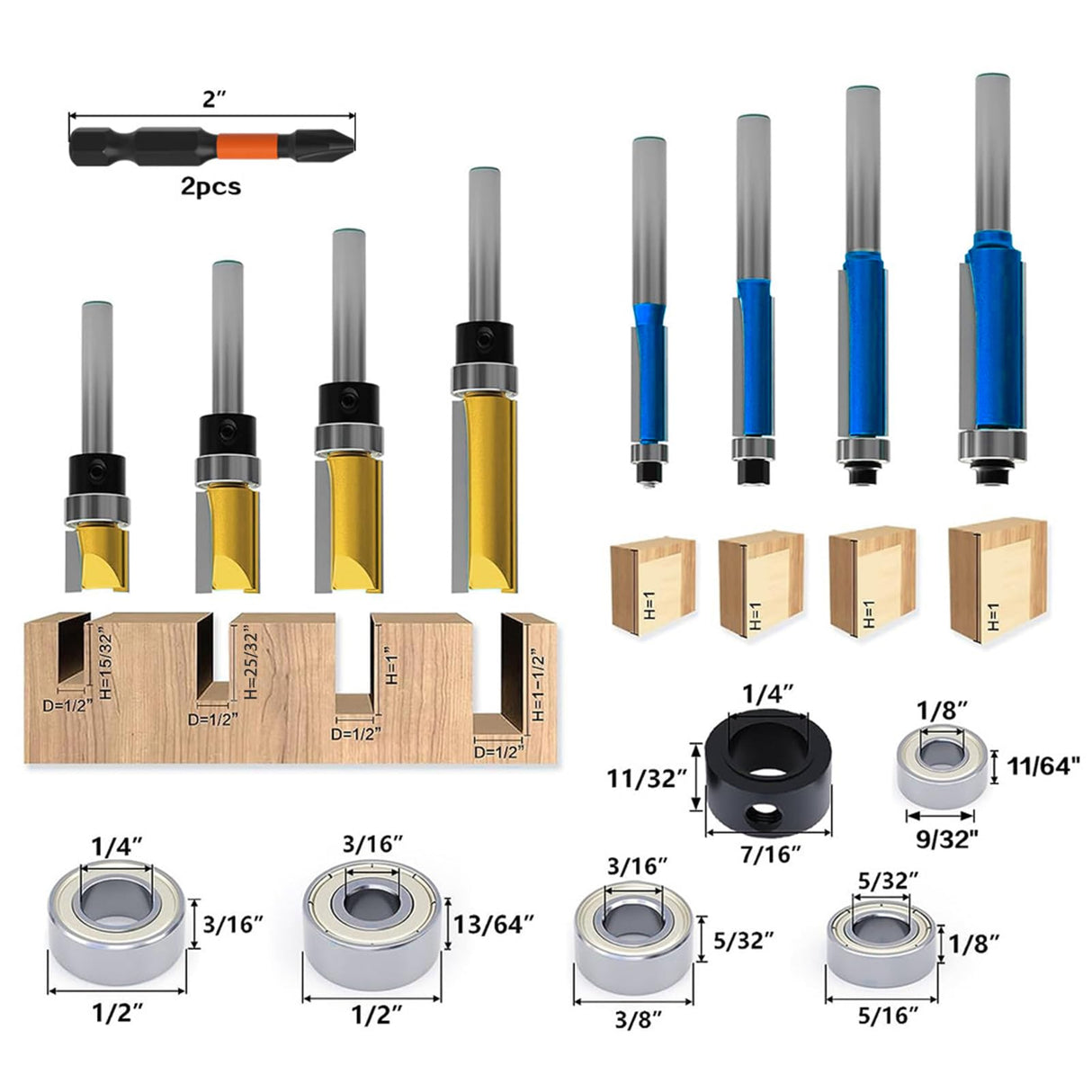 AzReference 16 PCS Flush Trim Router Bit Set, 1/4 Inch Shank, Carbide Bits with Top Bearing for Woodworking, 1/2" Cutting Diameter, Tear-Out AzReference