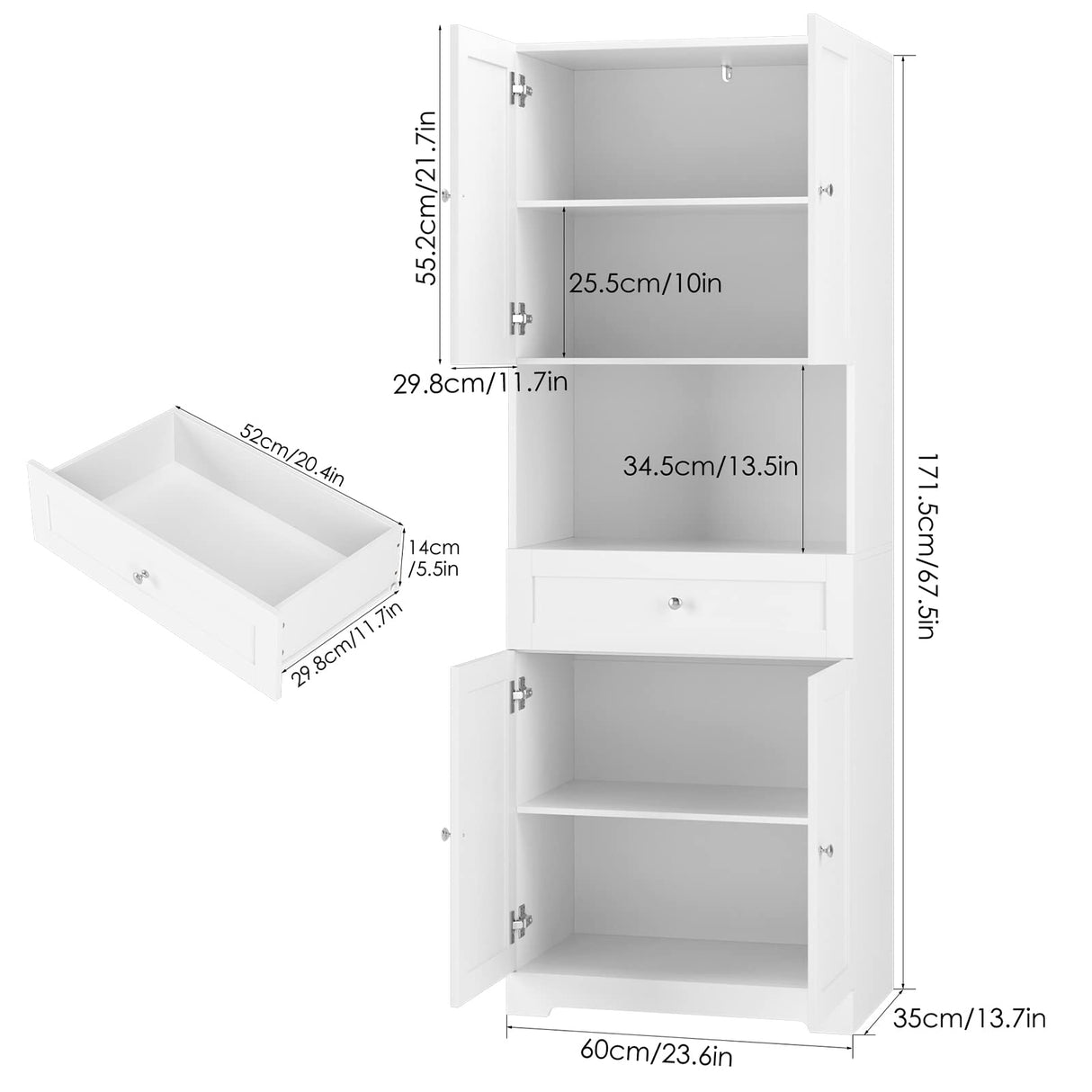 HIFIT Modern Tall Bathroom Storage Cabinet with 4 Doors, Shelves, and Drawer - 67" Freestanding Linen Cabinet in White HIFIT