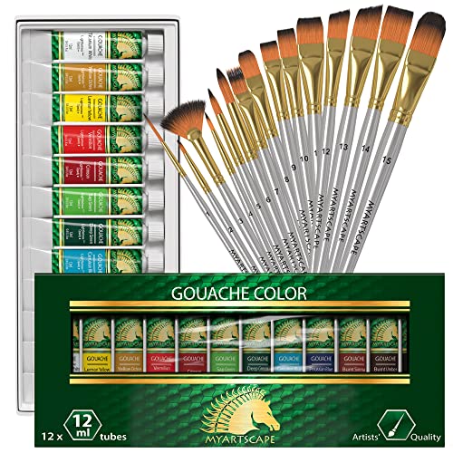 MyArtscape Supplies Paint Set - Gouache 12 x 12ml Paint Tubes - Fade-proof - Rewettable - High Pigment Load - with Premium Set of 15 Short Handle Art MyArtscape