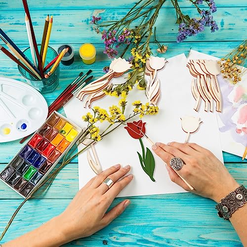 NBEADS 60 Pcs 3 Styles Wood Flower Cutouts, 6×2×0.1"(15.1×4.95×0.25cm) Unfinished Wooden Cutouts Rose Shape Blank Spring Flower Wood Slices Pieces NBEADS