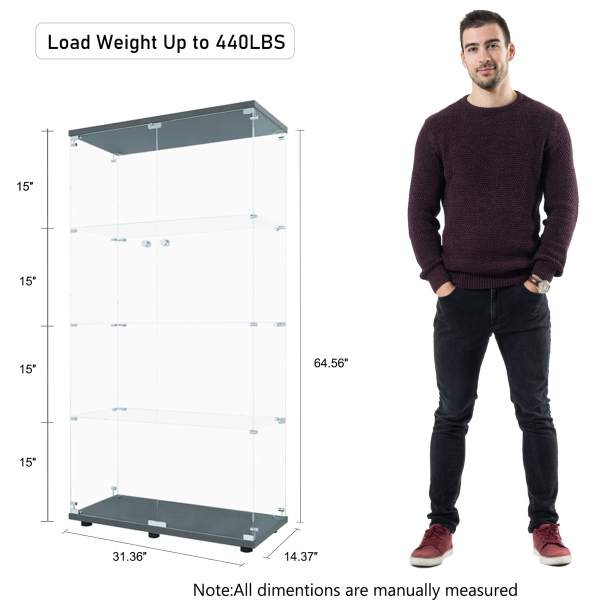 HomVent Modern 4-Shelf Glass Display Cabinet with Doors for Collectibles and Décor HomVent
