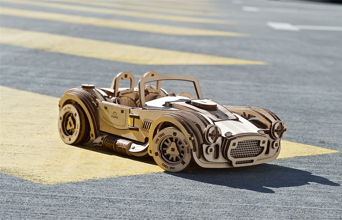 UGEARS Vintage Car Model Kit - Drift Cobra Racing Car 3D Puzzle Kit Idea - Wooden 3D Puzzles Model Kits for Adults with Powerful Spring Motor - Model UGEARS