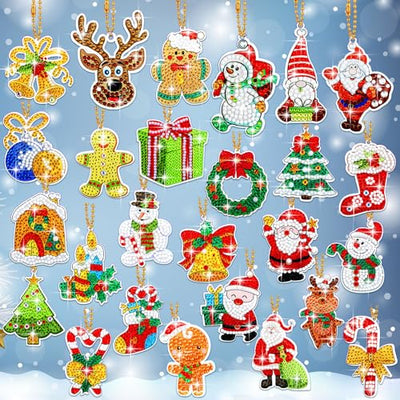 26 Pcs Christmas Diamond Painting Keychains Diamond Art Ornaments Key Chain 5D Resin DIY Diamond Painting Key Ring Rhinestone Pendant Ornament