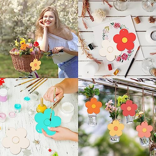 Whaline 50Pcs 3 Inch Wood Flower Cutouts Unfinished Wooden Boho Flower Cutouts with Holes and Hemp Rope DIY Blank Flower Shape Hanging Ornaments Whaline