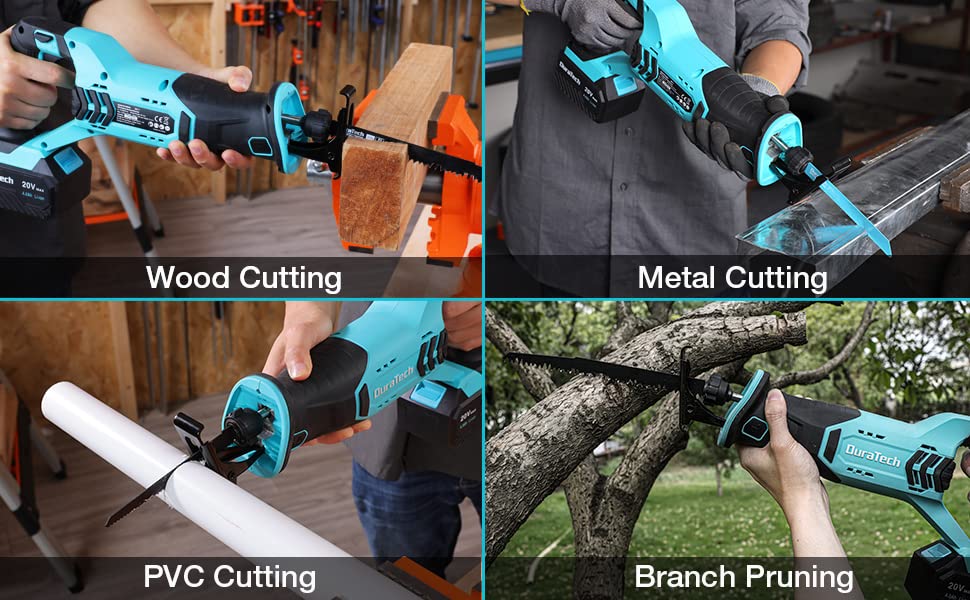 DURATECH Cordless Reciprocating Saw with 20V 4.0Ah Li-Ion Battery, 3000SPM, 7/8" Stroke Length, Variable Speed, Tool-Free Blade Change, 4 Saw Blades DURATECH