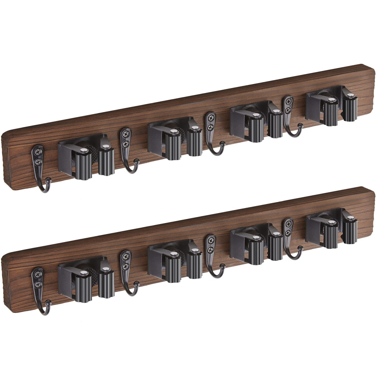 OUTNILI 2 Pack Mop Broom Holder Wall Mount - Rustic Wood Broom Mop Hanger - Wall Mounted Garden Tool Rack Organizer for Closet Garage Laundry Room OUTNILI