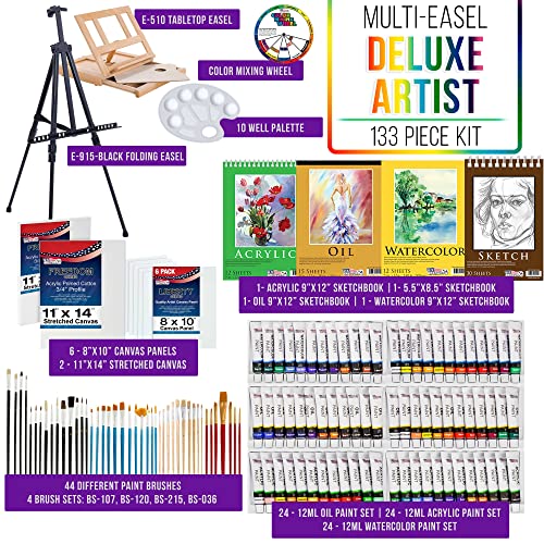 U.S. Art Supply 133-Piece Deluxe Ultimate Artist Painting Set with Aluminum and Wood Easels, 72 Paint Colors, 24 Acrylic, 24 Oil, 24 Watercolor, 8 US Art Supply