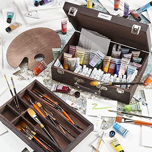 KINGART 720 Wood Art Storage Box With Espresso Stain, 2-Tier Wood Case with 10 Dividers, Holds Markers, Paint, Brushes, Pencils, And More KINGART