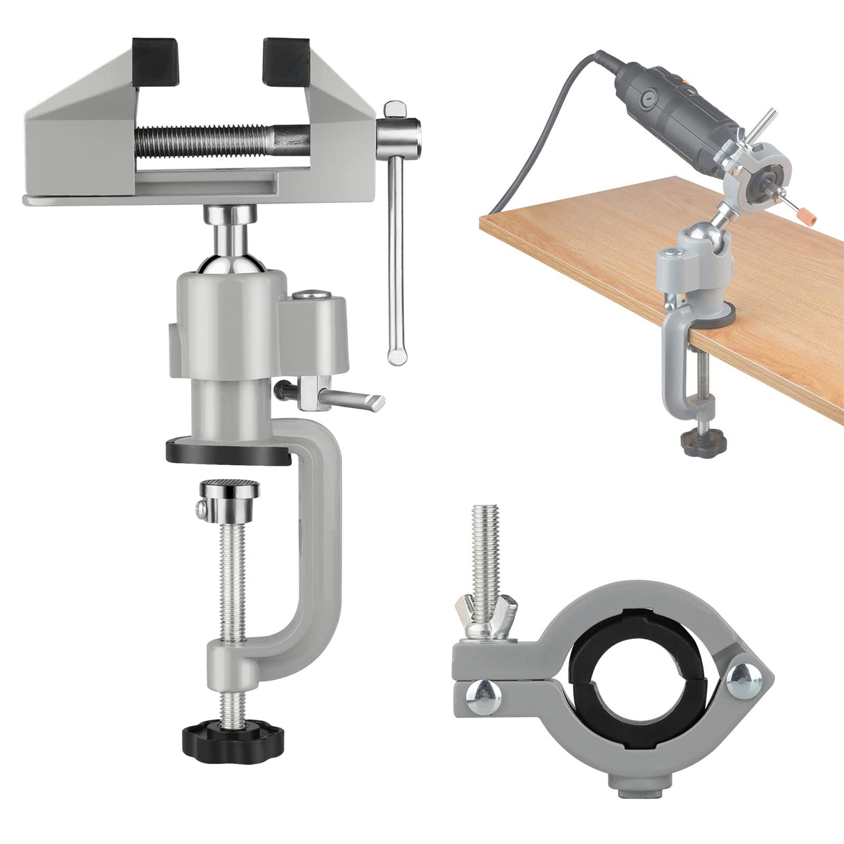 Table Vise,2 in 1 Universal Rotate 360° Work Clamp-On Vise,Table Vice with Electric Drill/Grinder Holder for Woodworking, Drilling, Sawing, Jewelry ZTUKOMN
