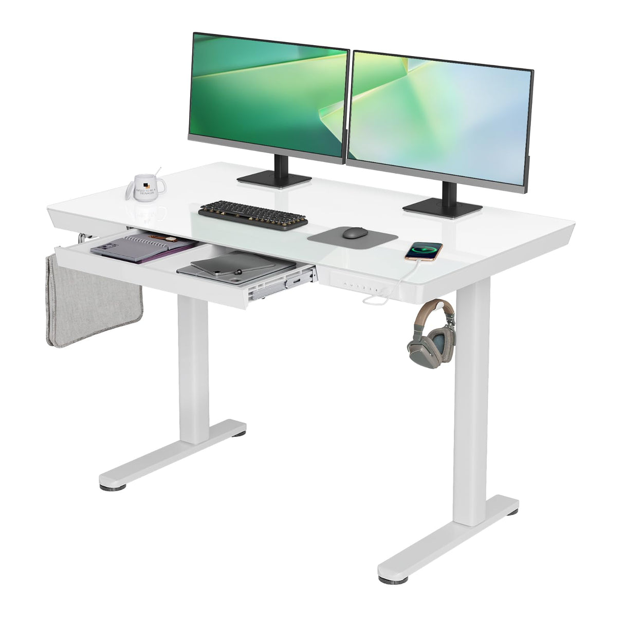 YDN Glass Standing Desk with Drawers, 48 x 24 Inch Electric Stand Up Desk with USB Ports, Adjustable Height Desk for Home Office, White YDN
