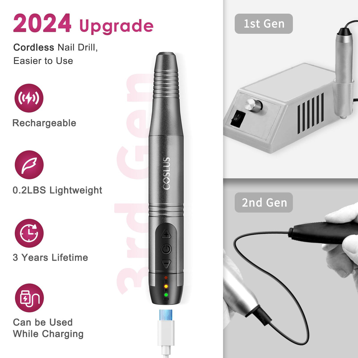 COSLUS Cordless Nail Drill Electric File: Professional for Acrylic Gel Dip Powder Nails Portable Nail Drill Machine Kit for Manicure Pedicure Nail COSLUS