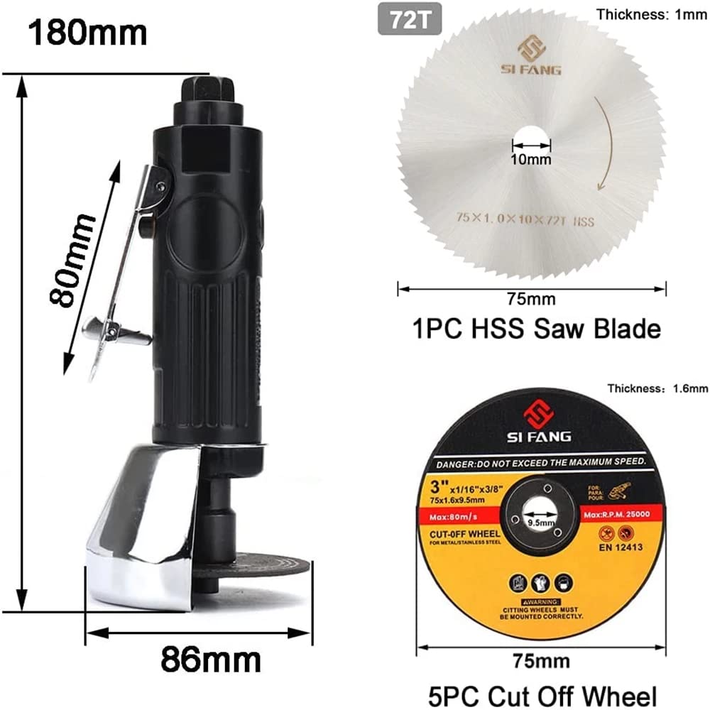Baisiky 3inch Air Cut Off Tool,Angle Grinder Pneumatic Cutting Machine With 5-Pieces 3" Cutting Disc Set,Free Speed 20000RPM Baisiky