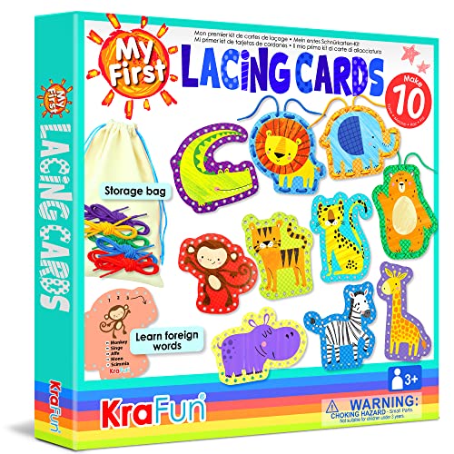 KRAFUN Beginner Easy Safari and Animal Lacing Card Kit, 10 Preschool Lacing Card Project for Kids Arts & Crafts, Lacing Cards for Toddlers, Fine KRAFUN